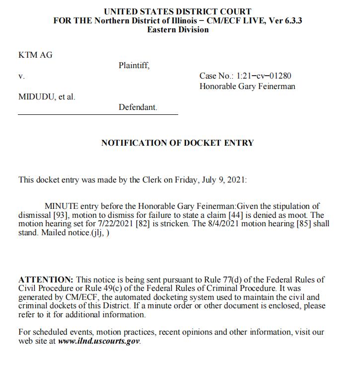 Selected cases (21-cv-1280): The latest development of KTM cases represented by American HSP law firm.