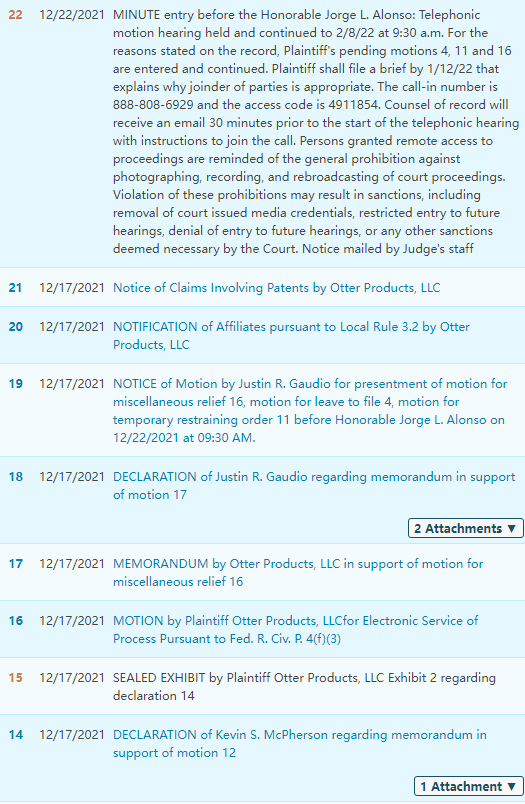 OtterBox entrusted GBC Law Firm to file a case again, the case number is 21-cv-6695. Do you know these patent information?